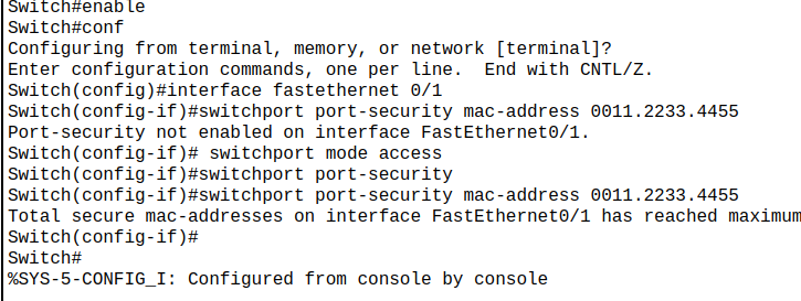 Total secure mac-addresses on interface FastEthernet0/1 has reached maximum limit.